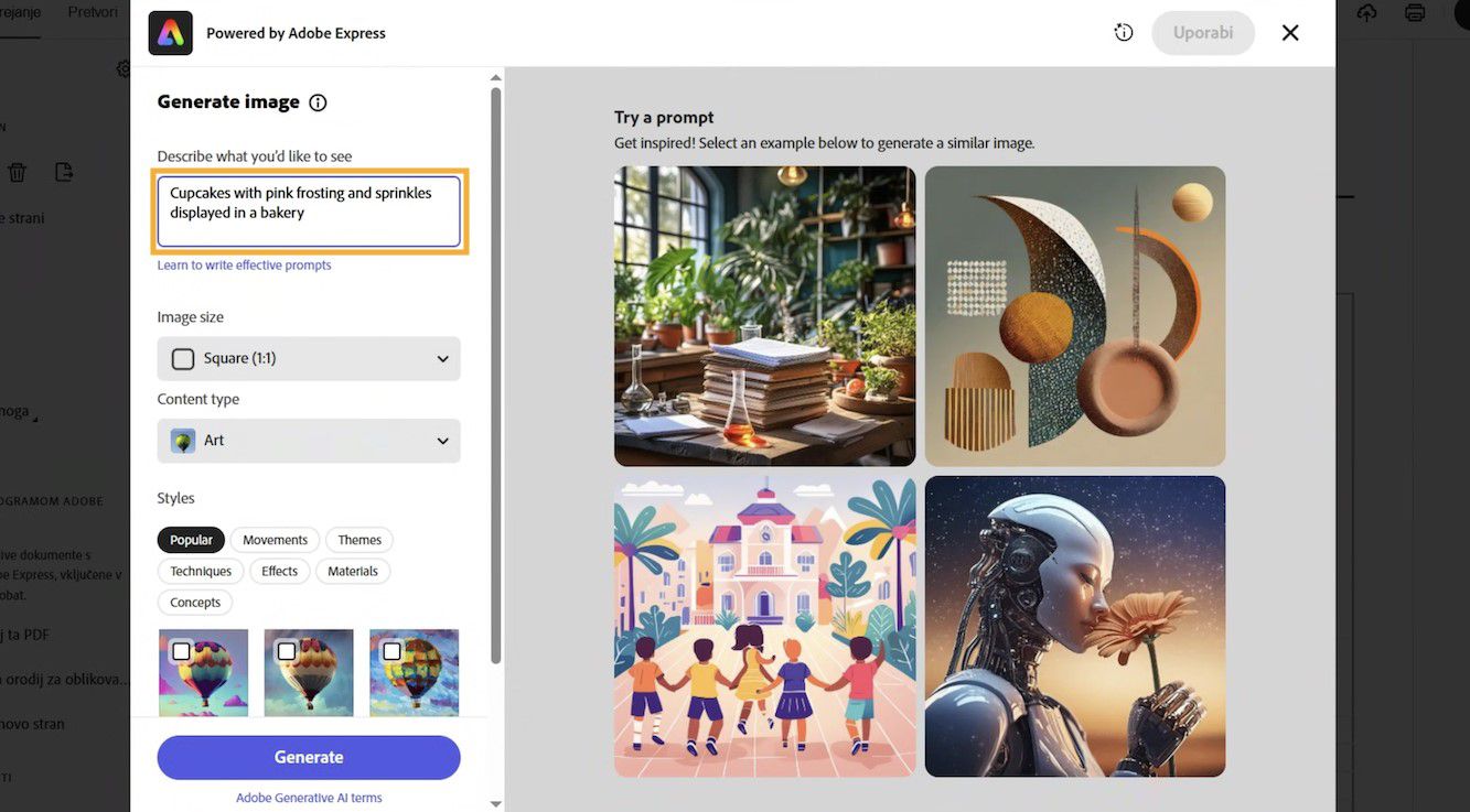 V oknu programa Adobe Express je prikazano polje z opisom besedila, možnosti slike in vzorčni pozivi za ustvarjanje slik z umetno inteligenco. 