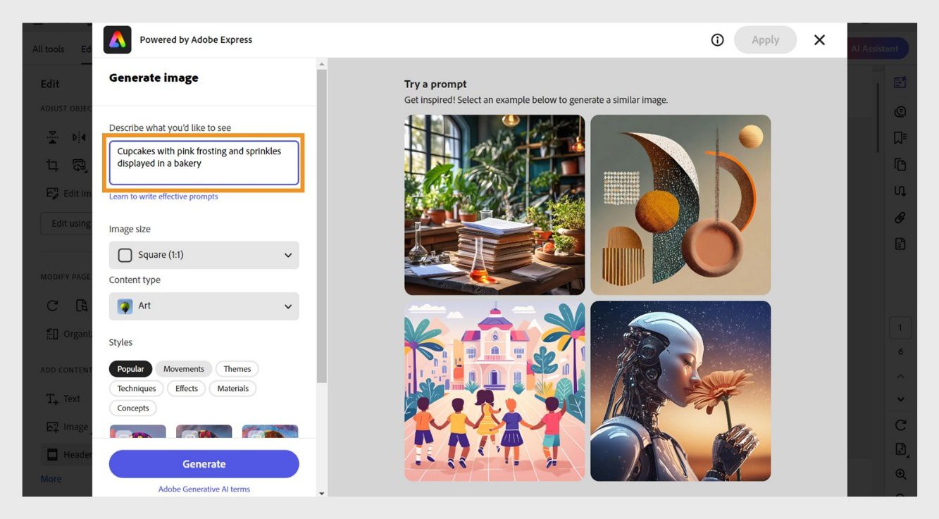 חלון Adobe Express מציג תיבת תיאור טקסט, אפשרויות תמונה ודוגמאות הנחיה ליצירת תמונות בינה מלאכותית. 