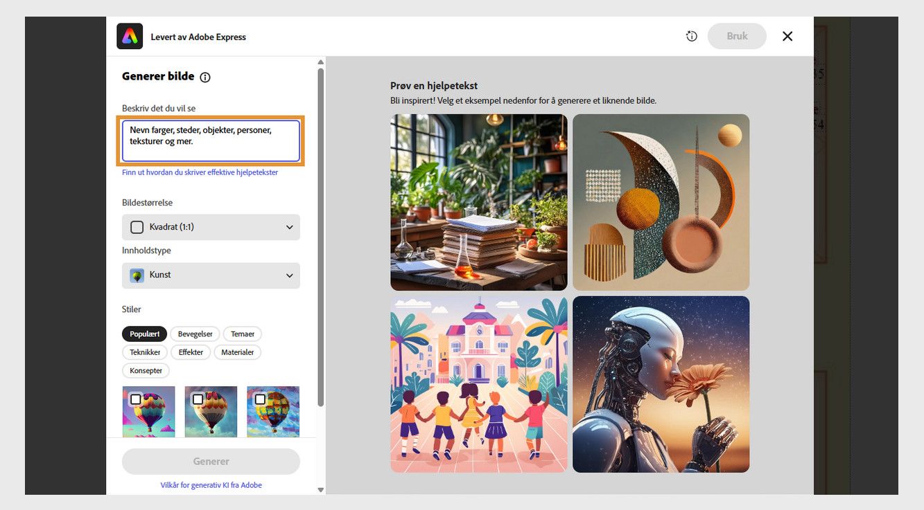 Adobe Express-vinduet viser tekstbeskrivelsesfeltet, bildealternativer og eksempler på hjelpetekster for generering av KI-bilder. 