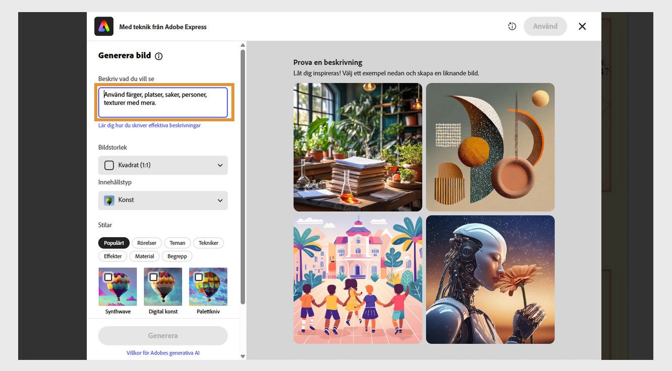 Adobe Express-fönstret visar textruta för beskrivning, bildalternativ och exempelbeskrivningar för att generera AI-bilder. 