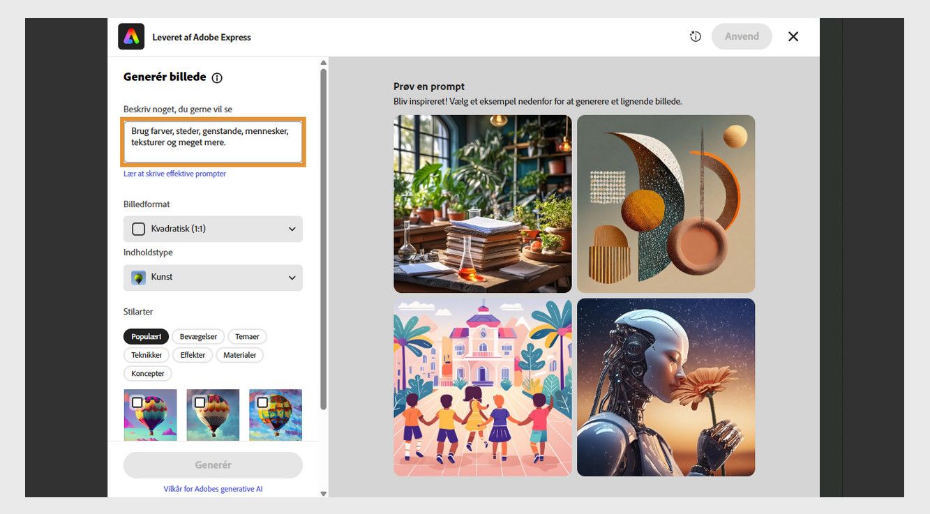 Vinduet Adobe Express viser feltet for tekstbeskrivelse, billedindstillinger og eksempler på prompts til at generere AI-billeder. 