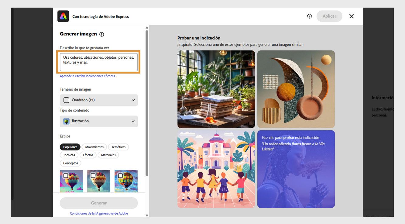 La ventana de Adobe Express muestra el cuadro de descripción de texto, las opciones de imagen y ejemplos de indicaciones para generar imágenes de IA. 