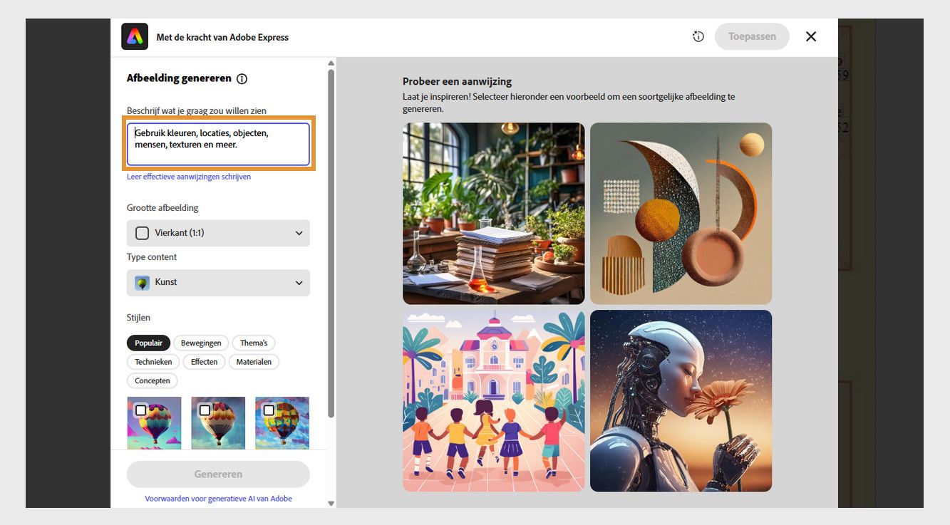 Het Adobe Express-venster toont een tekstvak voor de beschrijving, afbeeldingsopties en voorbeeldopdrachten voor het genereren van AI-afbeeldingen. 