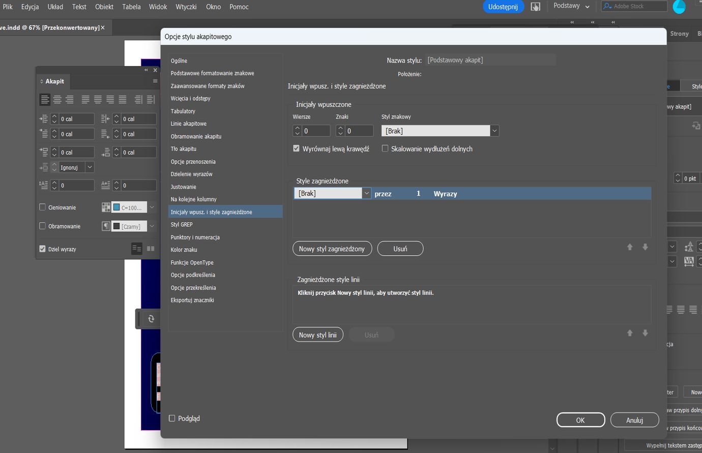 Okno dialogowe Inicjały i Style zagnieżdżone programu Adobe InDesign pokazujące Ustawienia stylów zagnieżdżonych obok okna dialogowego Akapit.  