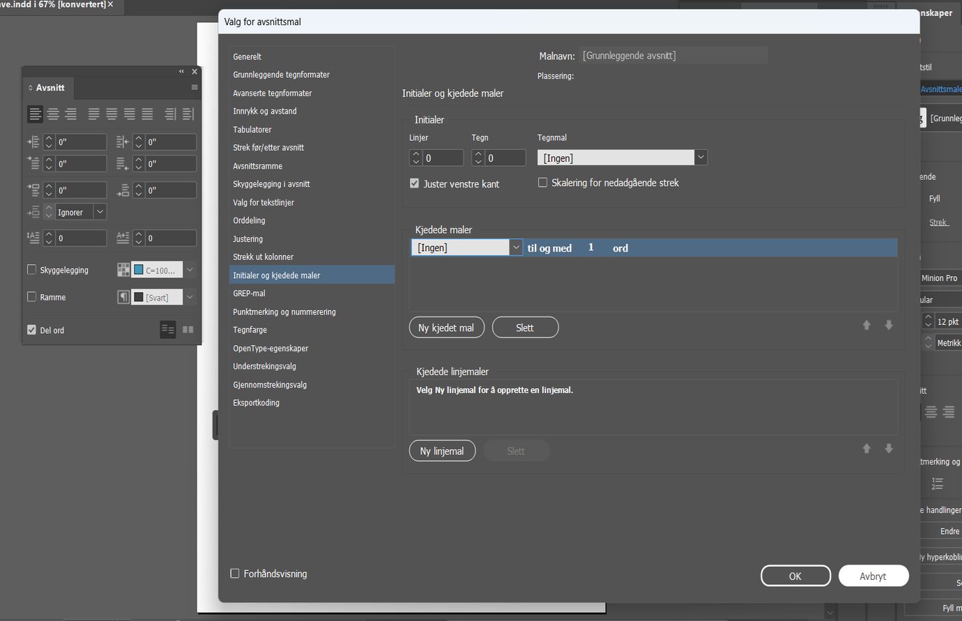 Adobe InDesign-dialogboksen Initialer og nestede stiler som viser innstillinger for nestede stiler ved siden av Avsnitt-dialogboksen.  