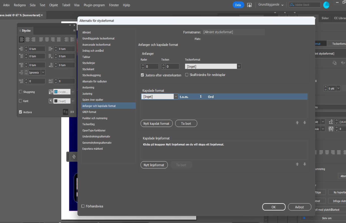 Adobe InDesign dialogrutan Anfang och kapslade format som visar inställningar för kapslade format bredvid dialogrutan Stycke.  