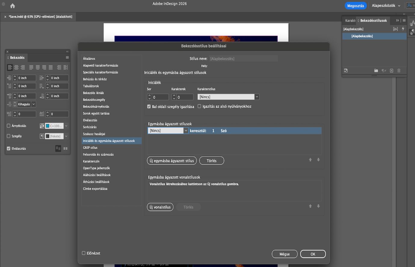 Adobe InDesign Iniciálé és beágyazott stílusok párbeszédpanelje, amely a beágyazott stílusok beállításait mutatja a Bekezdés párbeszédpanel mellett. 