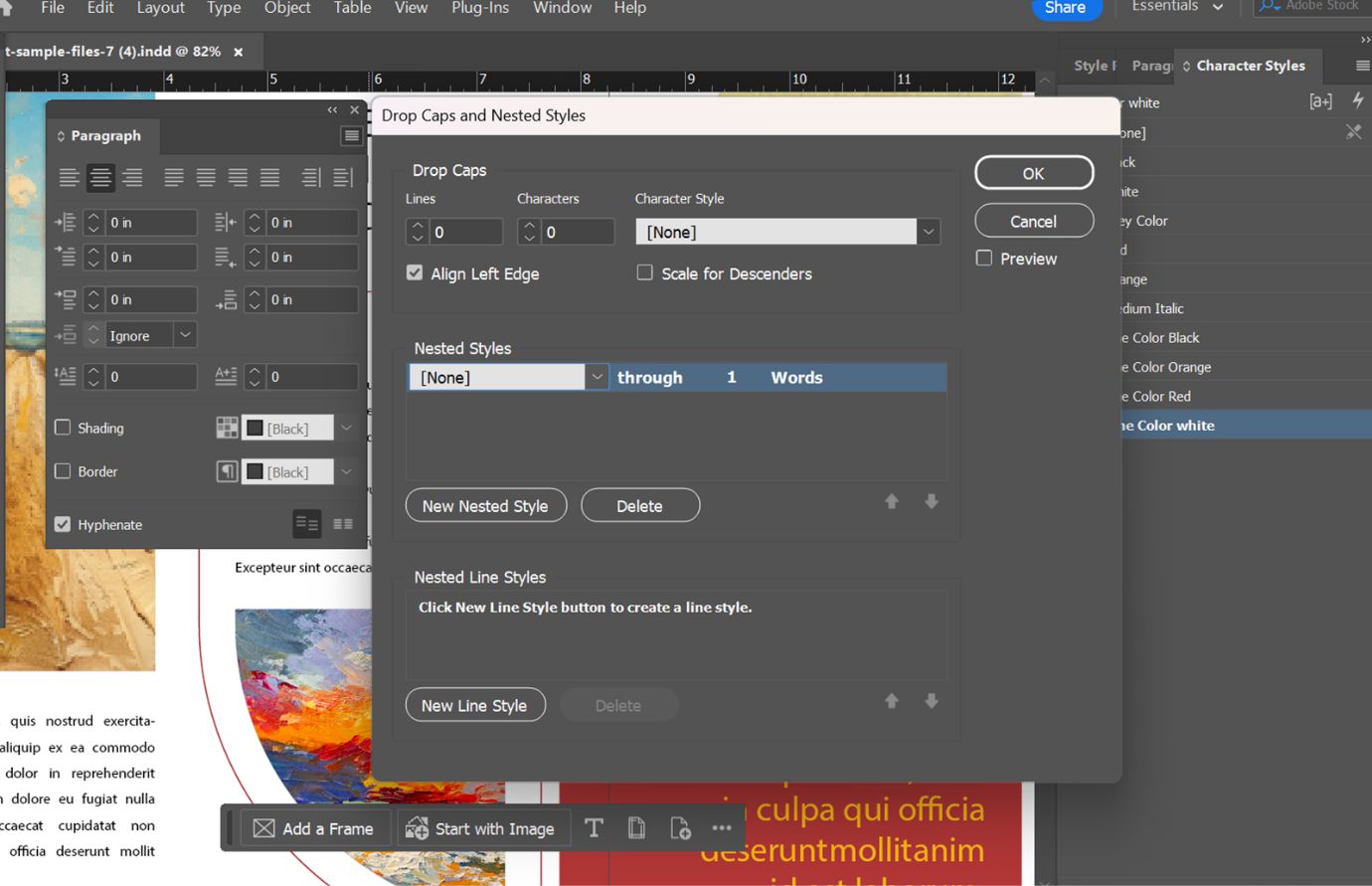 مربع حوار Adobe InDesign Drop Caps and Nested Styles يُظهر إعدادات الأنماط المتداخلة بجانب مربع حوار الفقرة. 