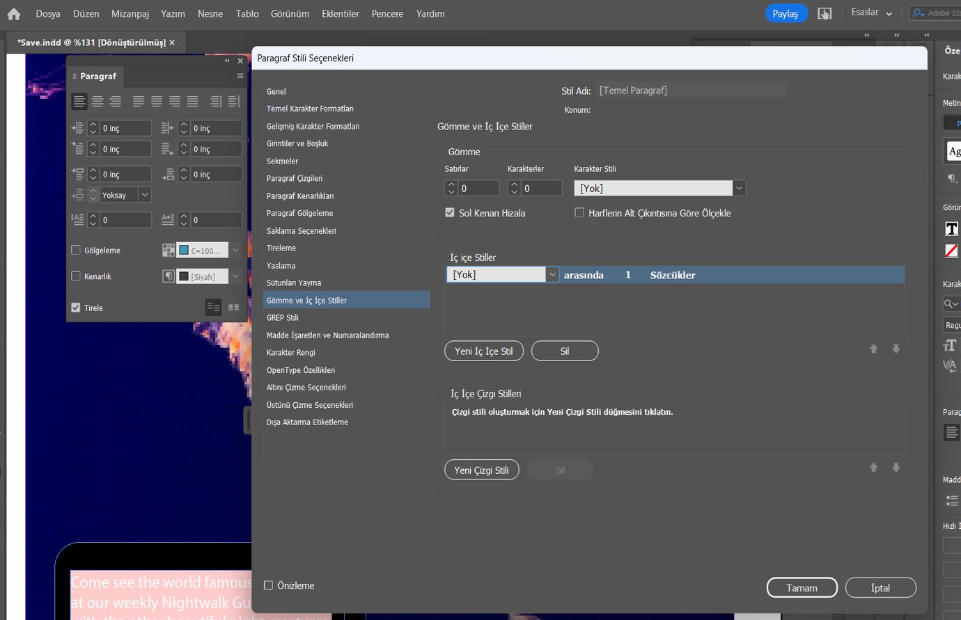 Adobe InDesign Gömme ve İç İçe Stiller iletişim kutusu, Paragraf iletişim kutusunun yanında İç İçe Stiller ayarlarını gösteriyor.  