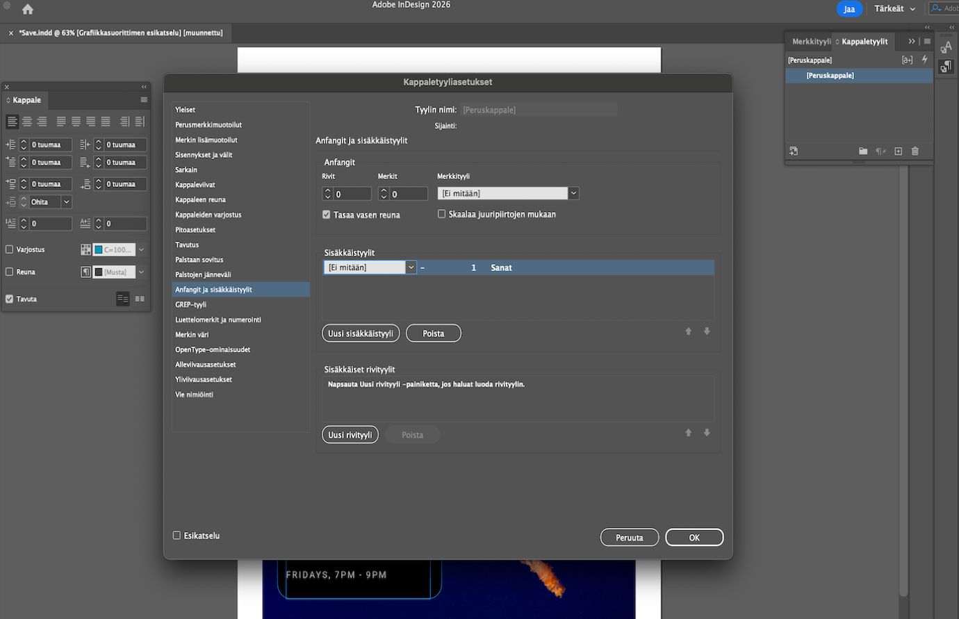 Adobe InDesignin Anfangit ja sisäkkäistyylit -valintaikkuna, jossa näkyy Sisäkkäistyylit-asetukset Kappale-valintaikkunan vieressä.  