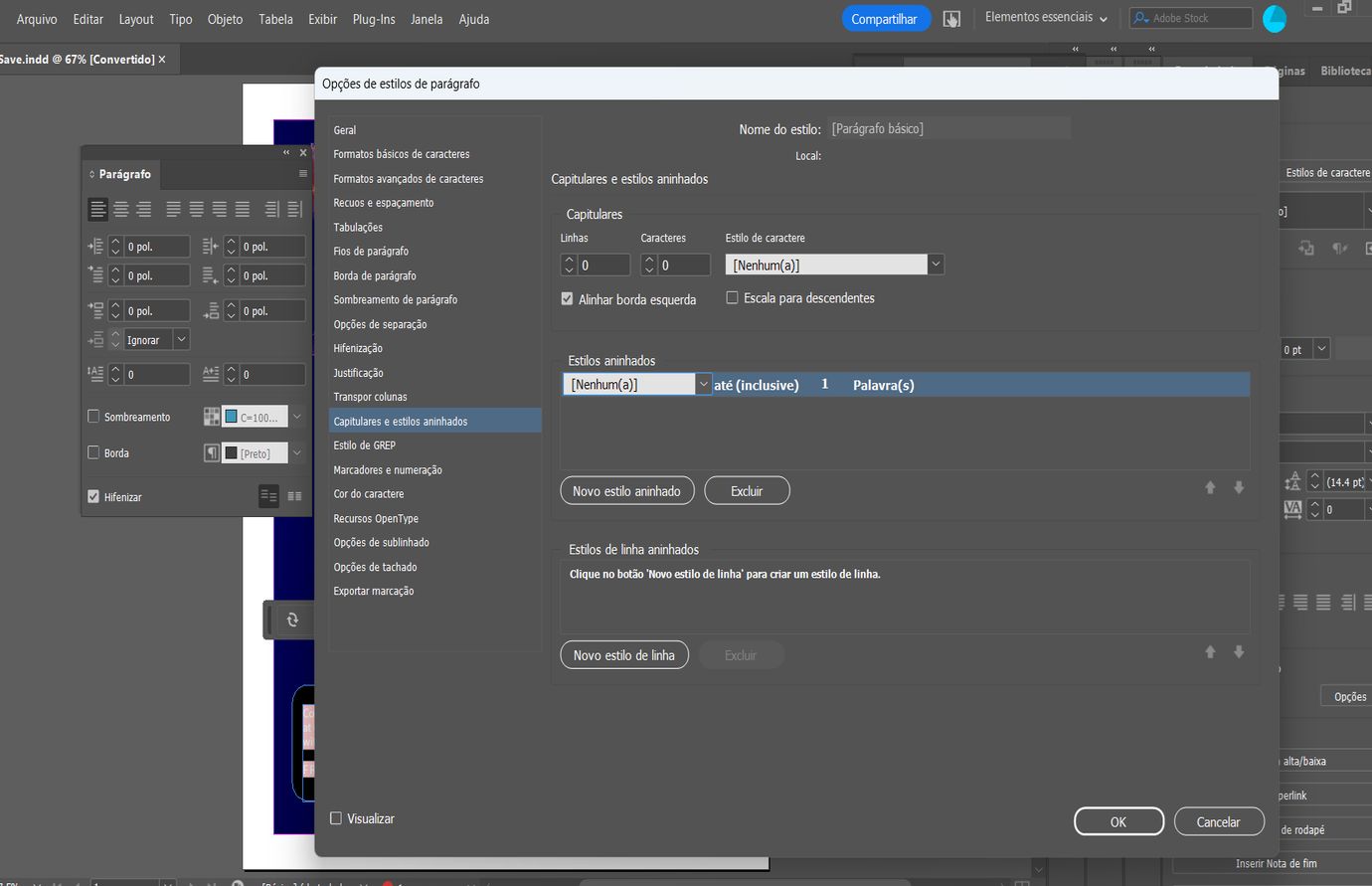 Caixa de diálogo Capitulares e estilos aninhados do Adobe InDesign mostrando as configurações dos estilos aninhados ao lado da caixa de diálogo Parágrafo.  