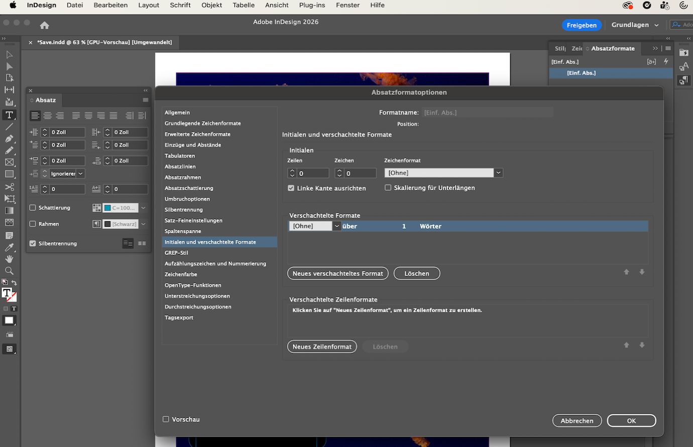 Adobe InDesign Dialogfeld für Initialen und verschachtelte Formate mit Einstellungen für verschachtelte Formate neben dem Absatz-Dialogfeld.  
