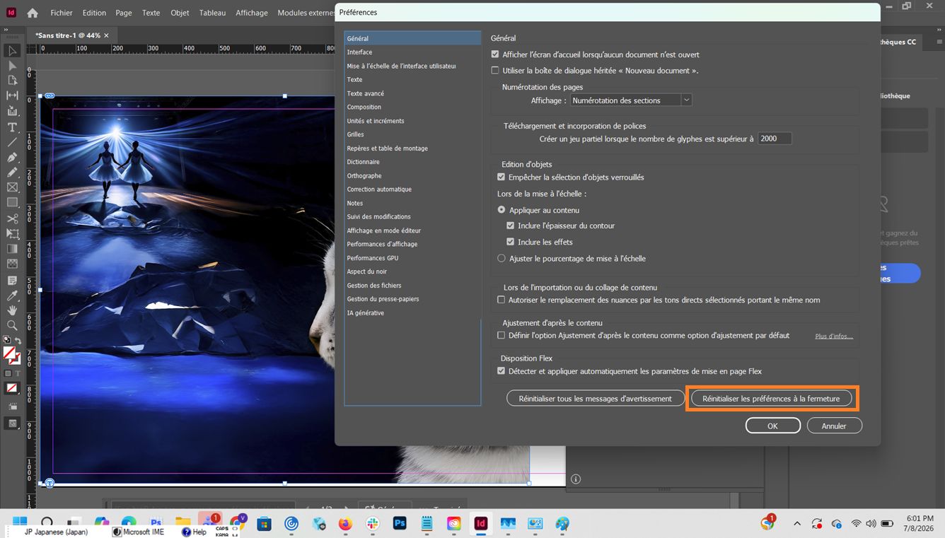 Boîte de dialogue Préférences d’Adobe InDesign ouverte avec le bouton Réinitialiser les préférences à la fermeture mis en surbrillance en bas.