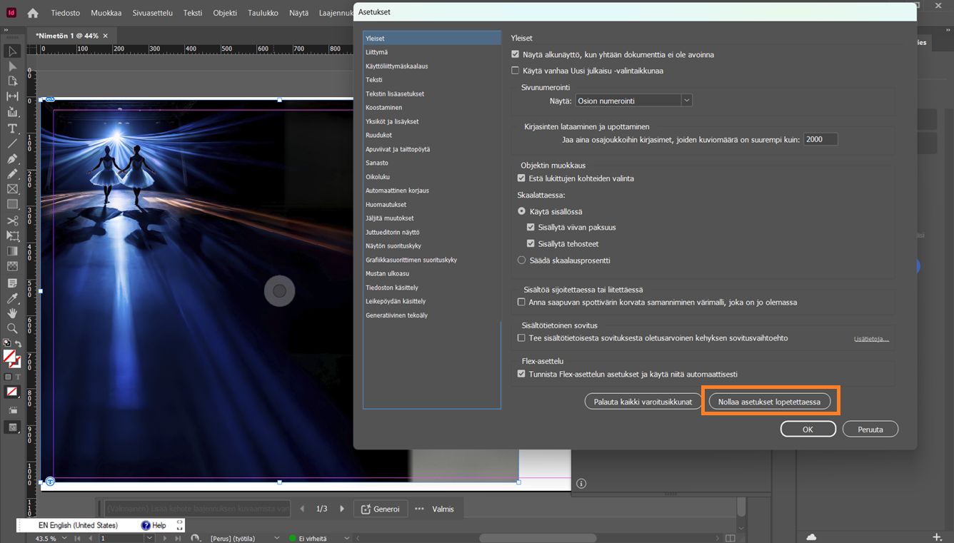 Adobe InDesignin Asetukset-valintaikkuna on auki, ja Nollaa asetukset lopetettaessa -painike näkyy alareunassa korostettuna.