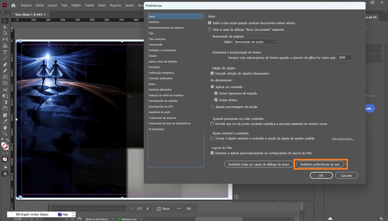 Caixa de diálogo Preferências do Adobe InDesign aberta com o botão Redefinir Preferências ao Sair destacado na parte inferior.
