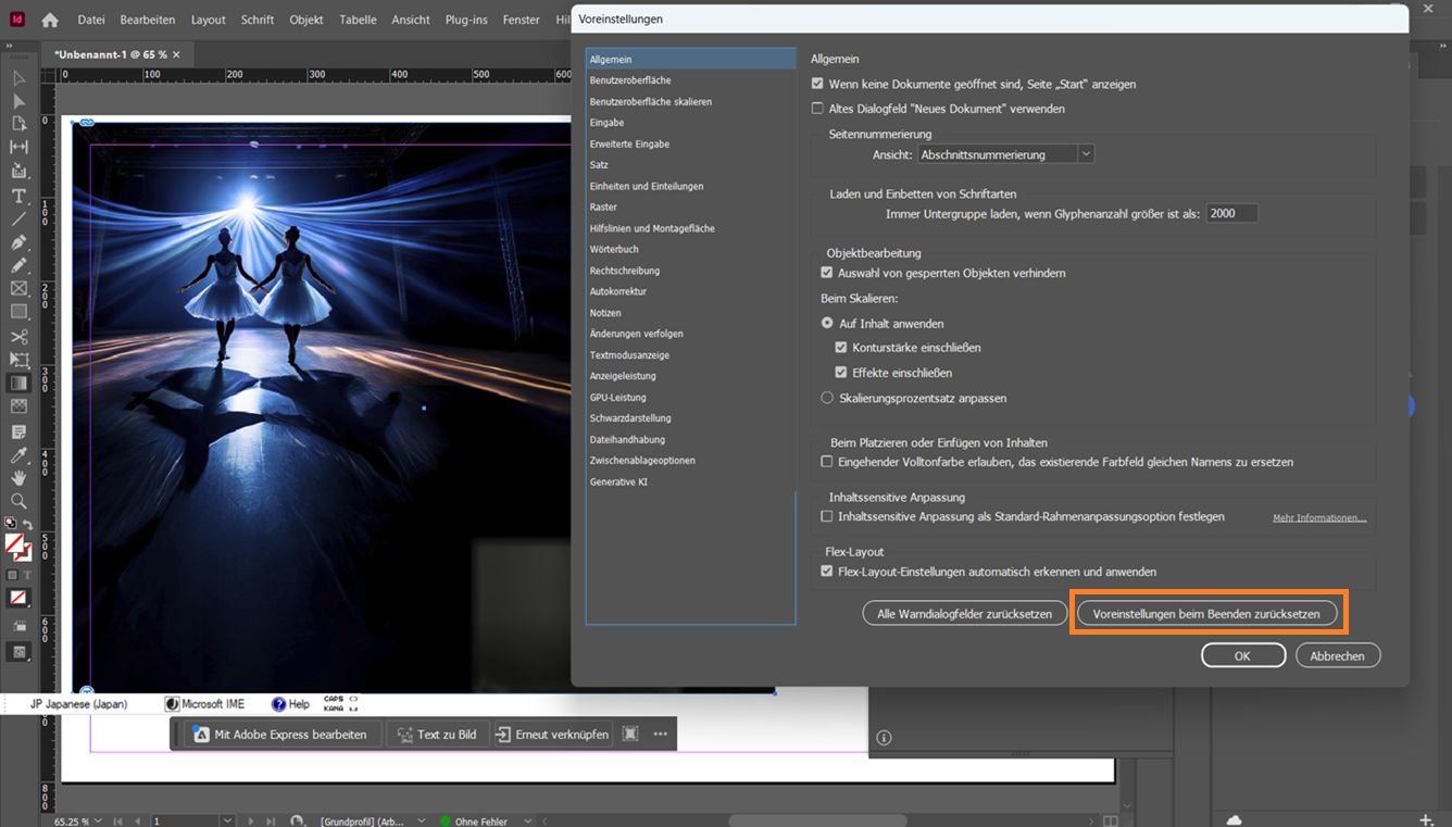 Geöffnetes Adobe InDesign Dialogfeld „Voreinstellungen“ mit derhervorgehobenen Schaltfläche „Einstellungen beim Beenden zurücksetzen" am unteren Rand.
