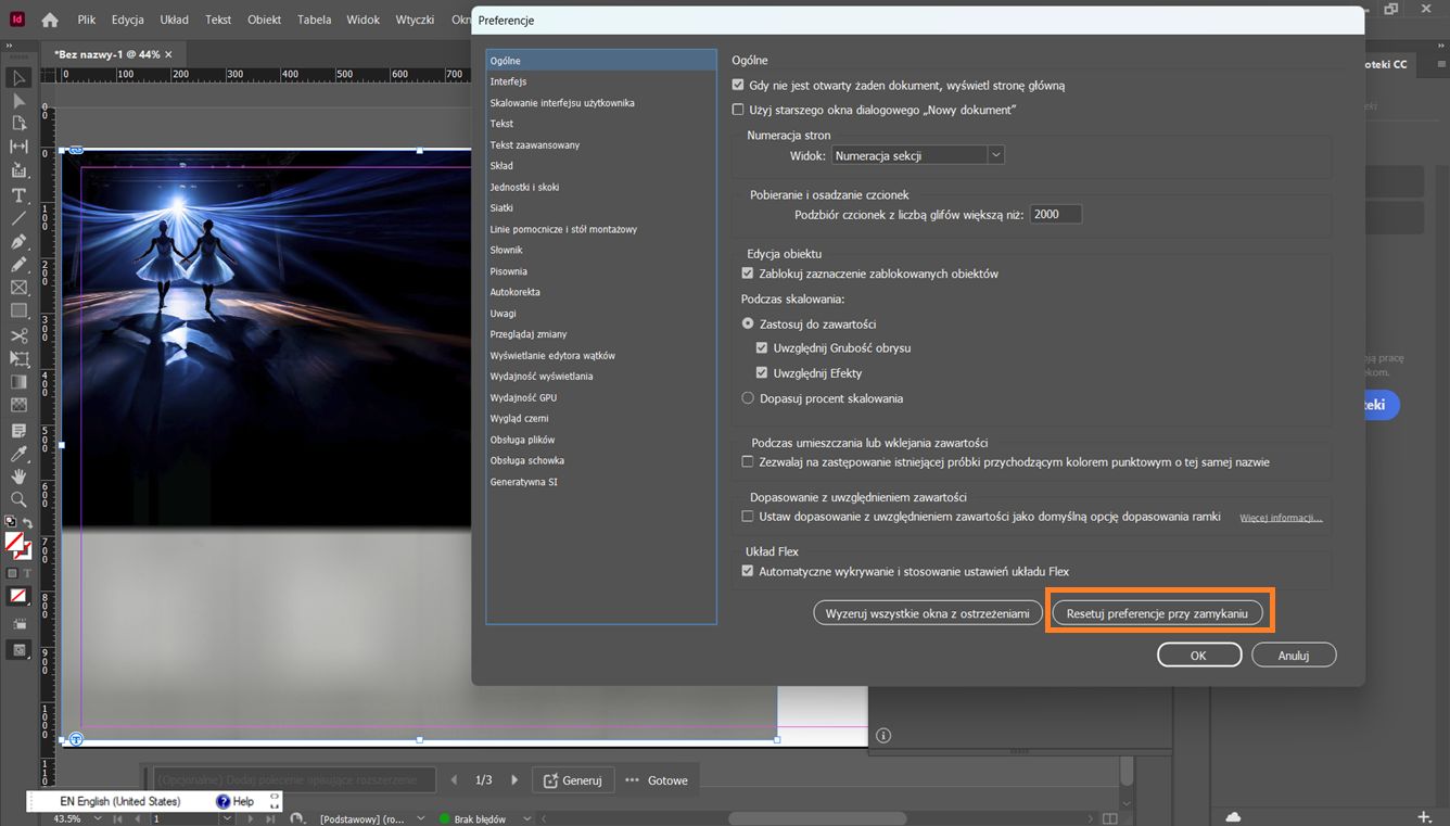 Okno dialogowe preferencji Adobe InDesign z podświetlonym przyciskiem Resetuj preferencje przy zakończeniu na dole.