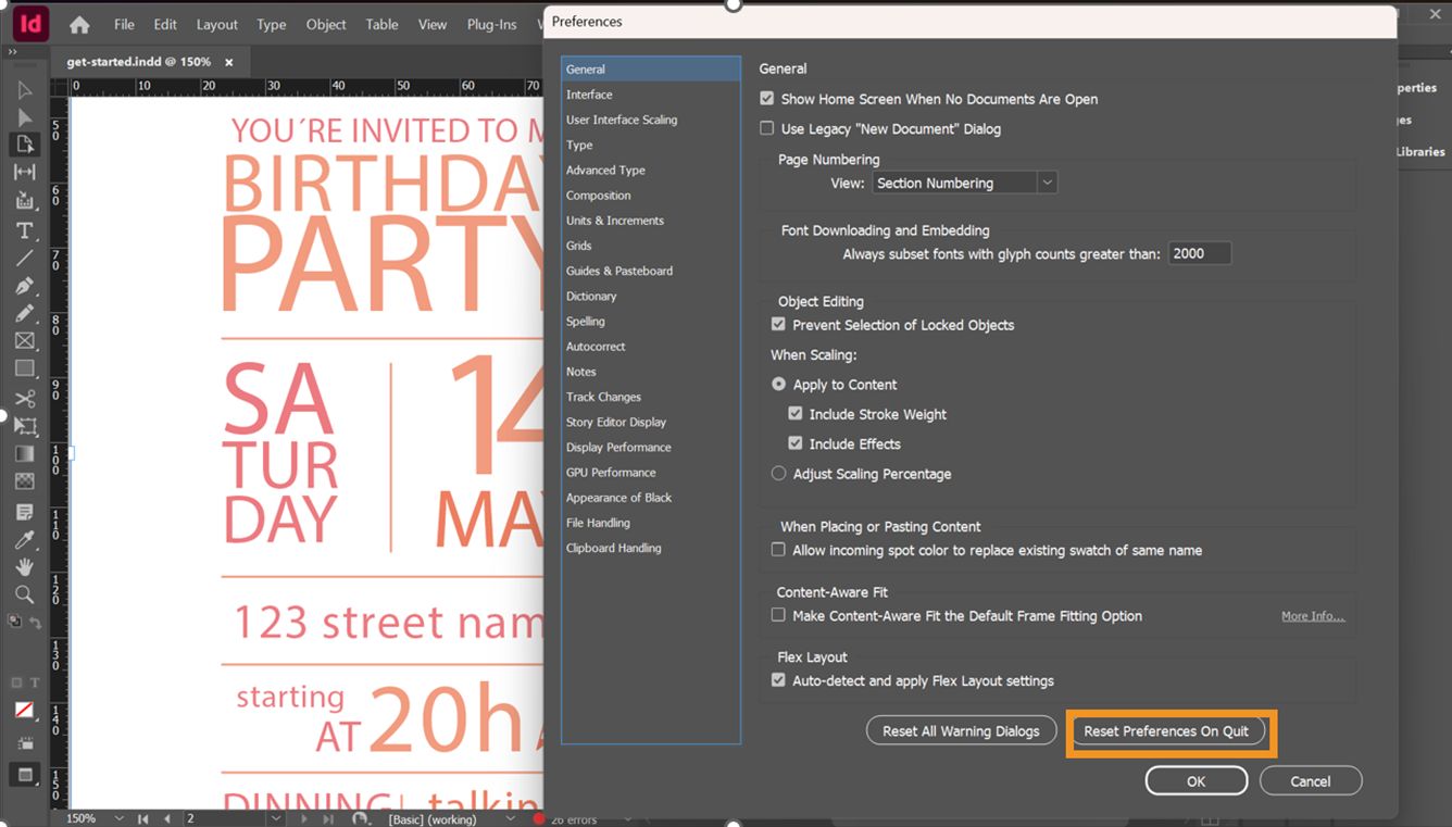 תיבת הדו-שיח Preferences של Adobe InDesign פתוחה עם הלחצן איפוס העדפות ביציאה מודגש בתחתית.