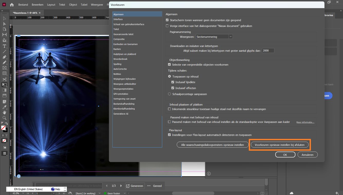 Adobe InDesign dialoogvenster Voorkeuren open met de knop Voorkeuren resetten bij afsluiten gemarkeerd onderaan.