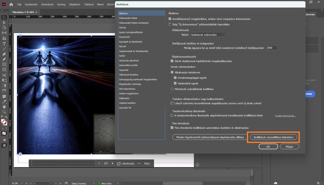 Adobe InDesign Beállítások párbeszédpanel kinyitva a Beállítások visszaállítása kilépéskor gombbal kiemelve alul.