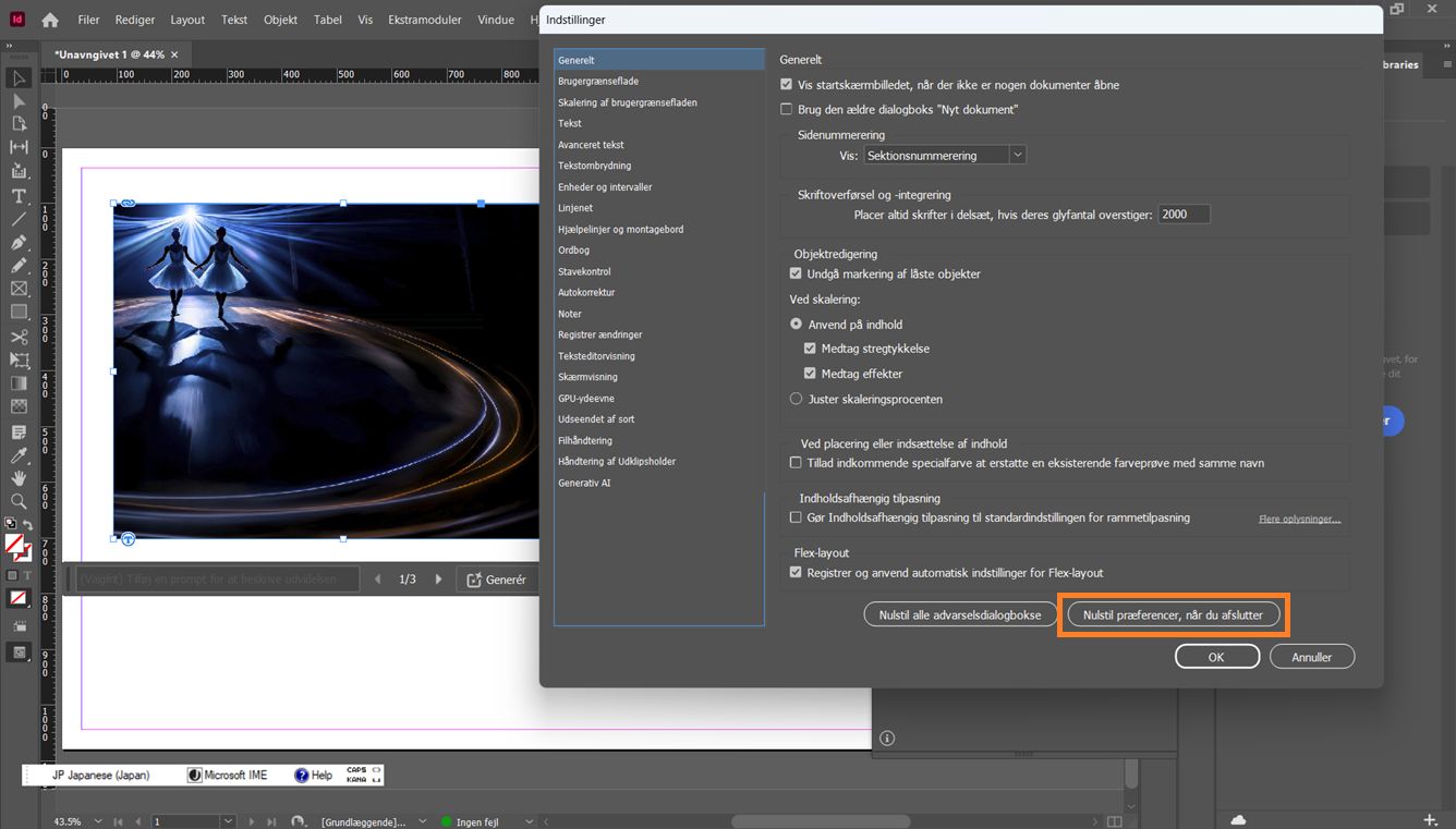 Adobe InDesign præferencedialog åben med knappen Nulstil præferencer ved afslutning fremhævet nederst.