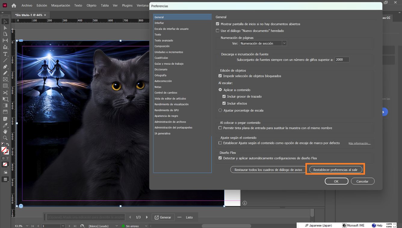 Cuadro de diálogo de Adobe InDesign Preferencias abierto con el botón Restablecer preferencias al salir resaltado en la parte inferior.