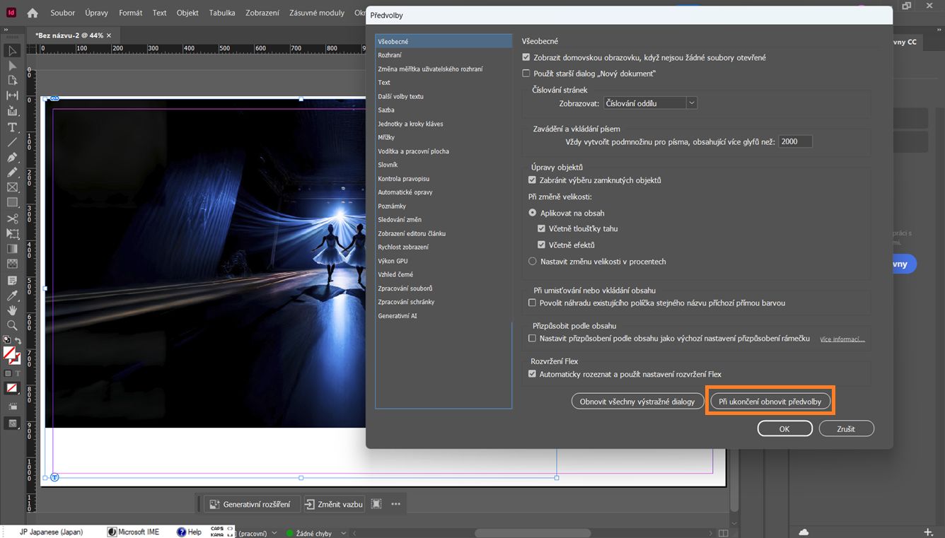 Dialogové okno Předvolby aplikace Adobe InDesign otevřené se zvýrazněným tlačítkem Obnovit předvolby při ukončení ve spodní části.