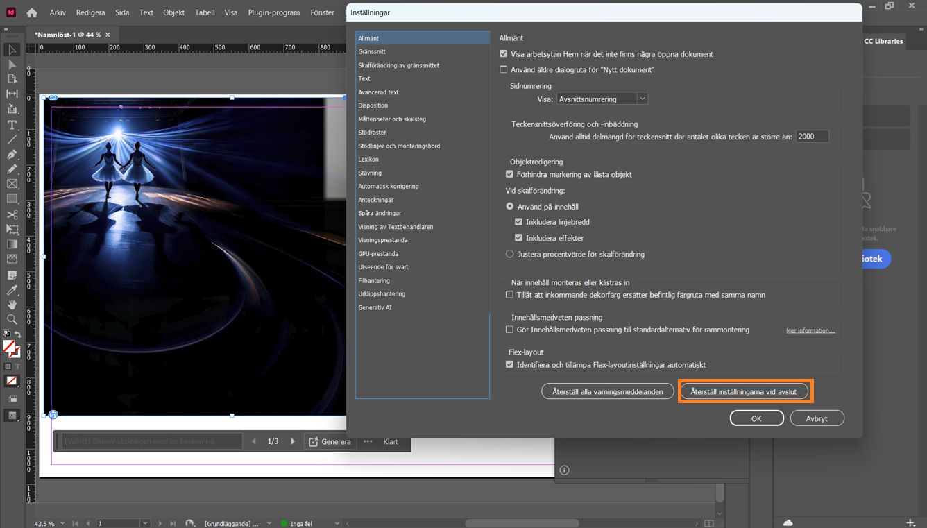 Dialogrutan Inställningar i Adobe InDesign öppen med knappen Återställ inställningar vid avslut markerad längst ned.