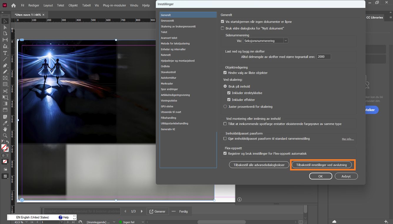 Adobe InDesign Innstillinger-dialogboks åpen med knappen Tilbakestill innstillinger ved avslutning uthevet nederst.