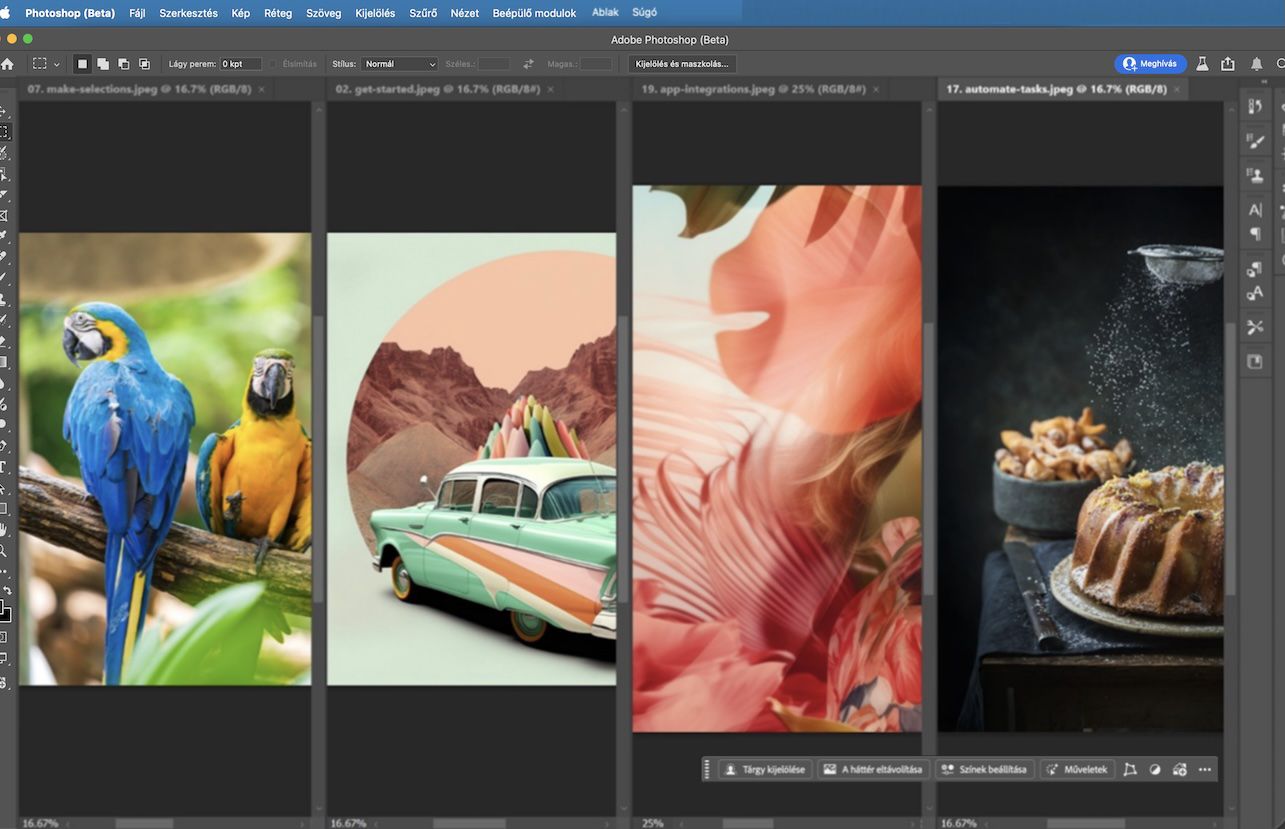 Adobe Photoshop négy megnyitott dokumentummal függőleges mozaik elrendezésben, bemutatva, hogyan lehet több fájlt egymás mellett megtekinteni.