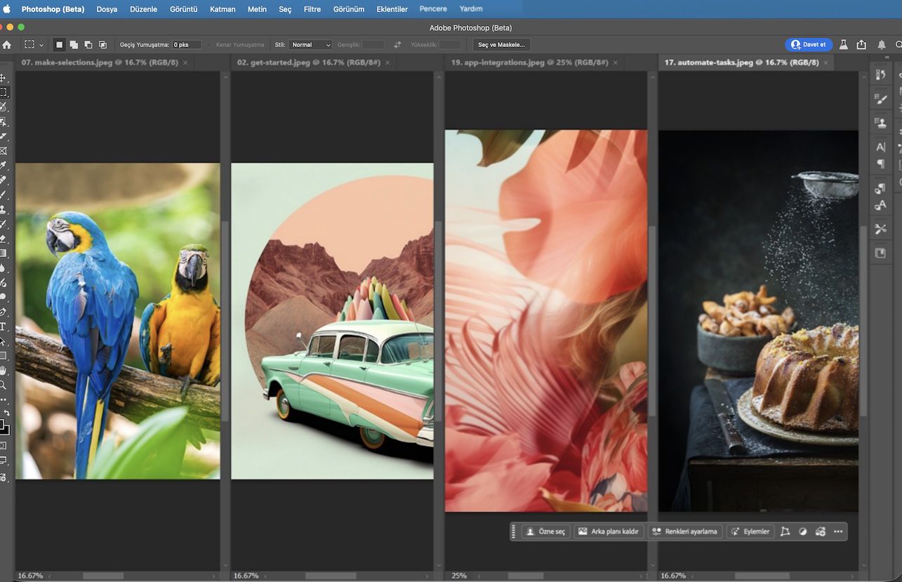 Adobe Photoshop'ta dikey döşeme düzeninde sıralanmış dört açık belge bulunuyor ve birden fazla dosyanın nasıl yan yana görüntülenebileceği gösteriliyor.