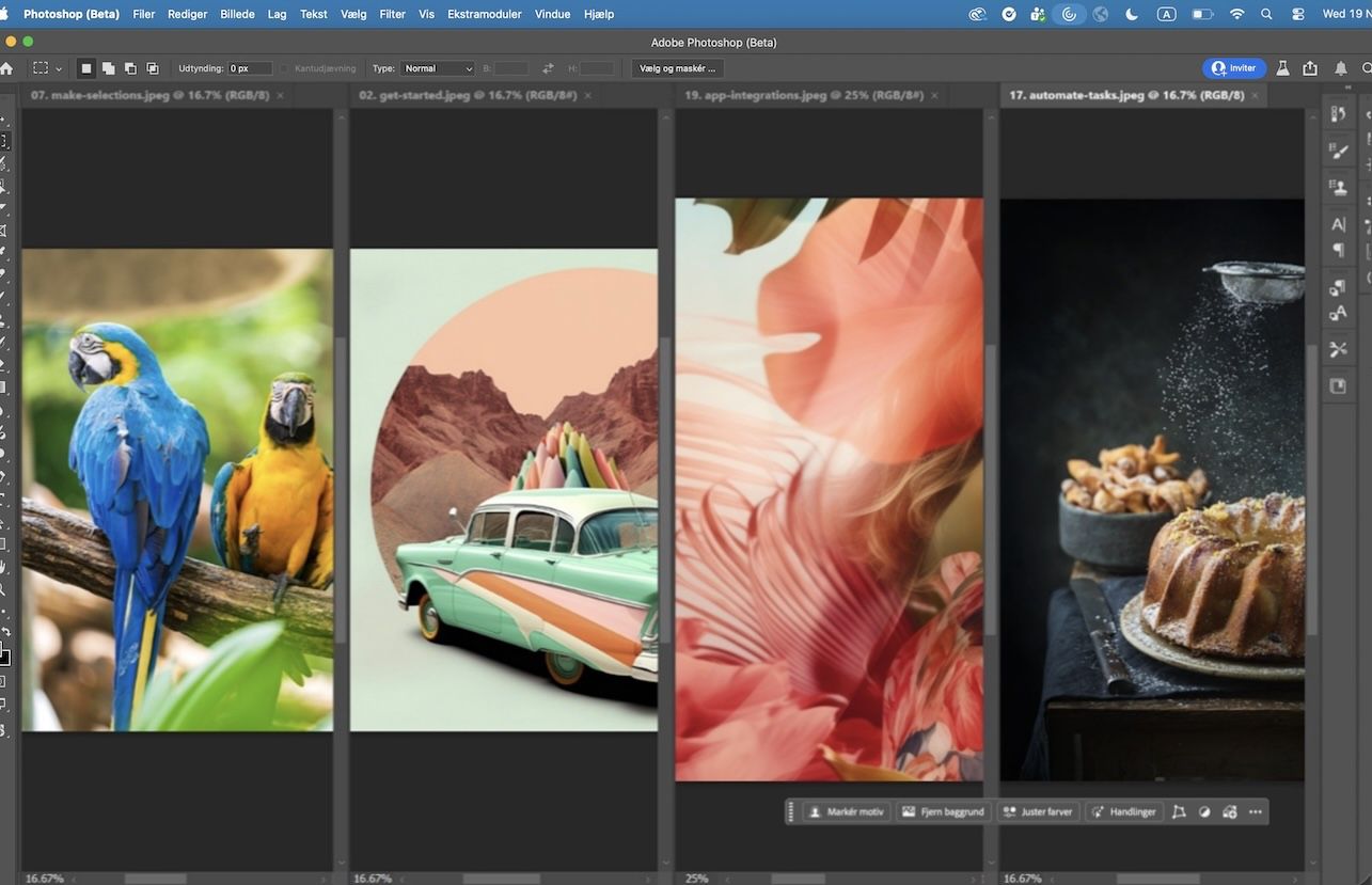 Adobe Photoshop med fire åbne dokumenter arrangeret i et vertikalt fliselagt layout, der viser hvordan flere filer kan ses side om side.