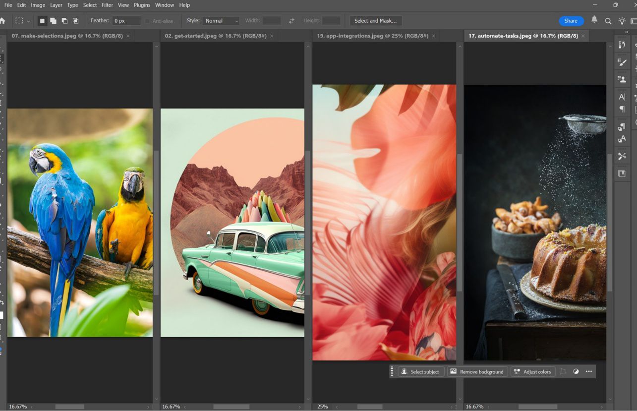 Adobe Photoshop مع أربعة مستندات مفتوحة مرتبة في تخطيط تجانب عمودي، يوضح كيف يمكن عرض ملفات متعددة جنبًا إلى جنب