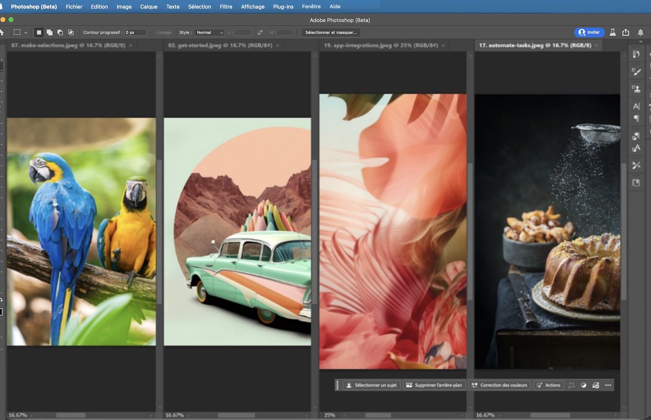 Adobe Photoshop avec quatre documents ouverts disposés en mosaïque verticale, montrant comment plusieurs fichiers peuvent être visualisés côte à côte.