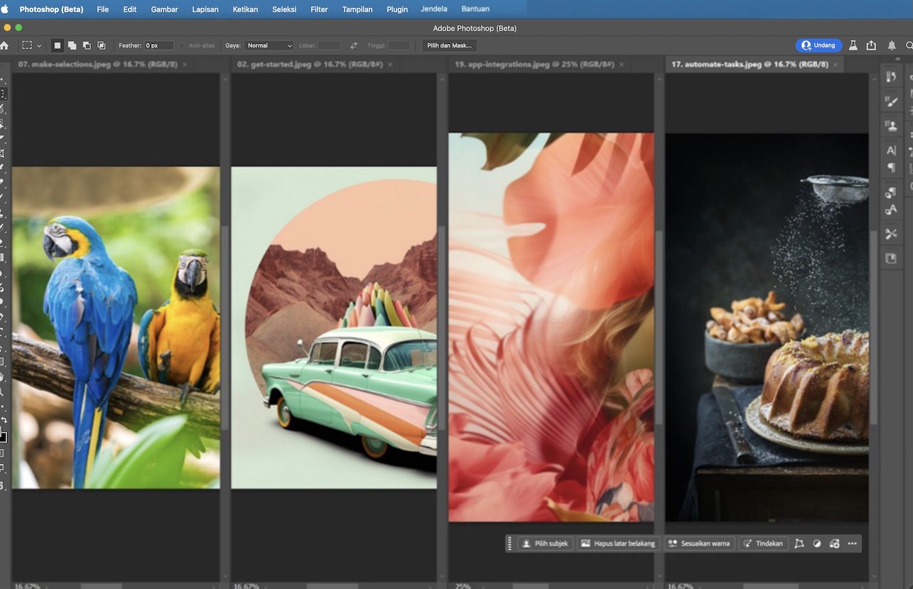 Adobe Photoshop dengan empat dokumen terbuka yang disusun dalam tata letak vertikal berdampingan, menunjukkan bagaimana beberapa file dapat dilihat secara bersamaan.