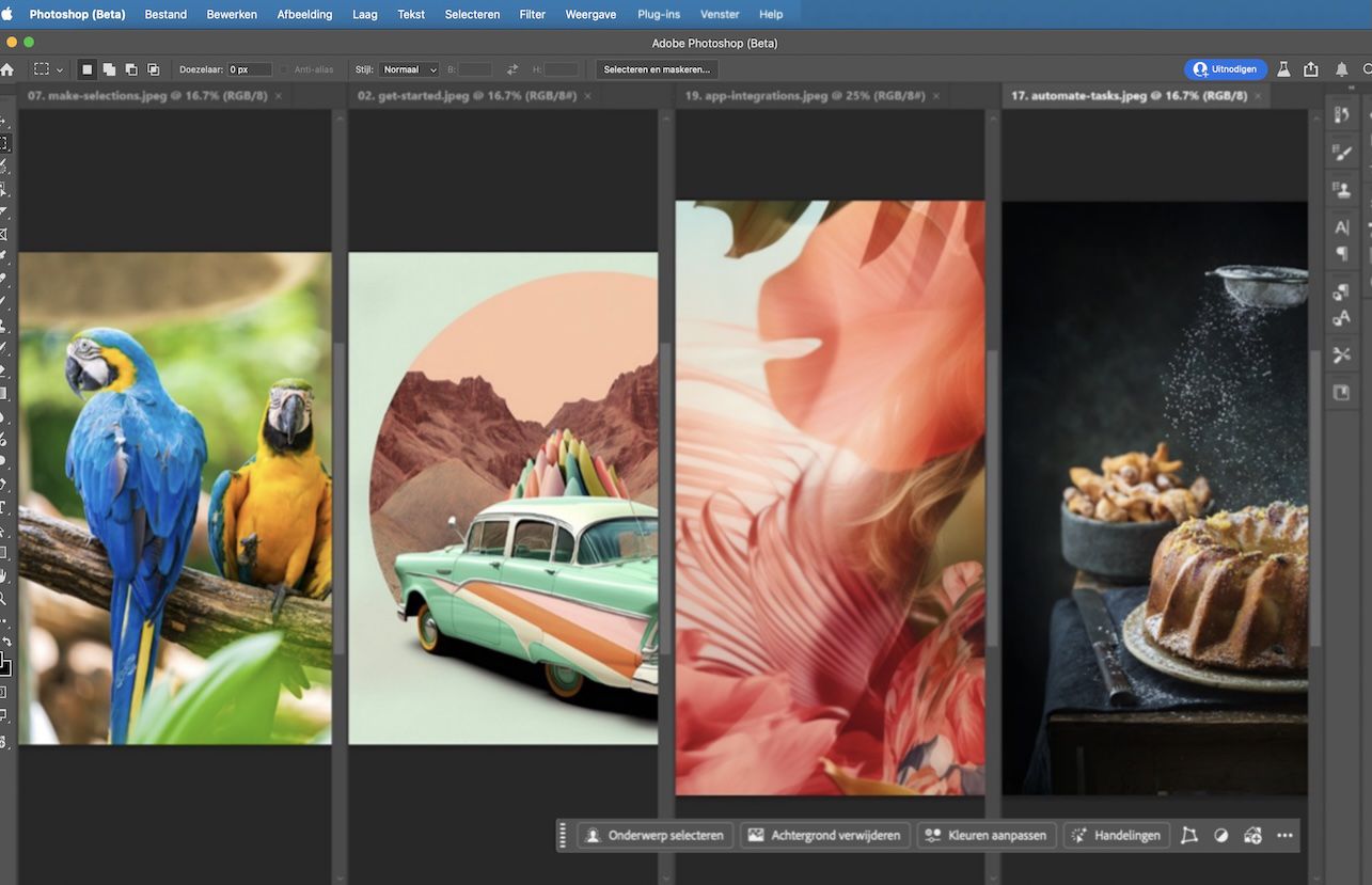 Adobe Photoshop met vier geopende documenten gerangschikt in een verticale tegelindeling, die laat zien hoe meerdere bestanden naast elkaar kunnen worden bekeken.