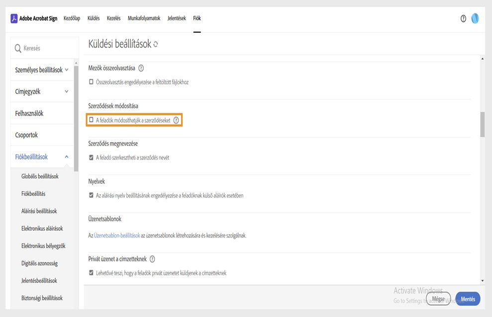 Az Acrobat Sign Küldési beállítások oldala megjelenik, a Szerződések módosításának engedélyezése a feladók számára opció van kiemelve.
