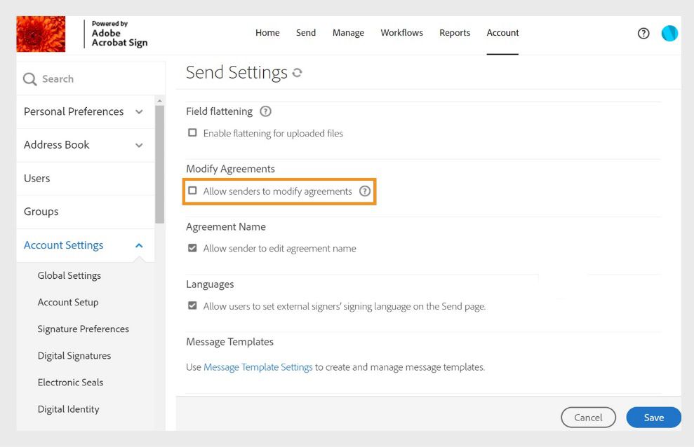 דף הגדרות השליחה של Acrobat Sign מוצג כשהאפשרות Allow senders to modify agreements (לאפשר לשולחים לשנות הסכמים) מודגשת.