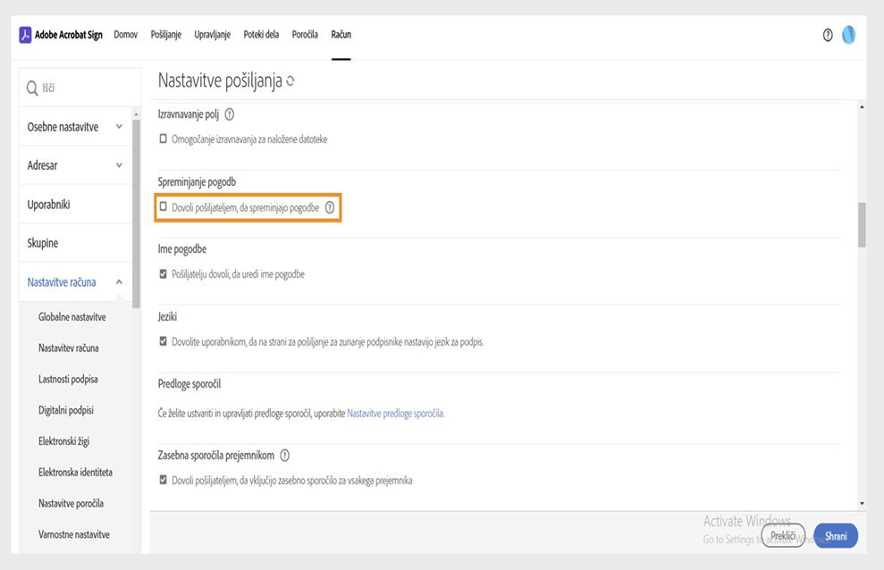 Prikaže se stran z nastavitvami pošiljanja storitve Acrobat Sign z označeno možnostjo »Dovoli pošiljateljem, da spreminjajo pogodbe«. 