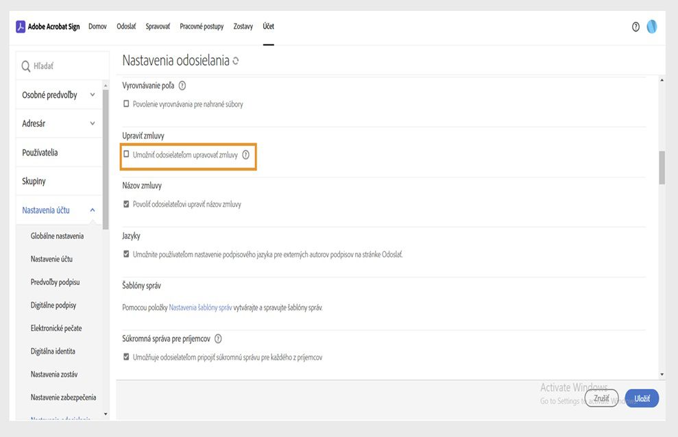 Zobrazí sa stránka Nastavenia odosielania Acrobat Sign so zvýraznenou možnosťou Povoliť odosielateľom upravovať zmluvy.