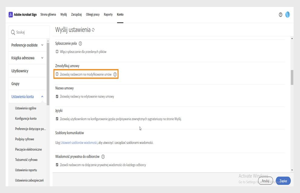 Strona Ustawienia wysyłania Acrobat Sign zostanie wyświetlona z podświetloną opcją Zezwalaj nadawcom na modyfikowanie umów. 