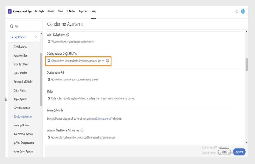 Acrobat Sign Gönderme Ayarları sayfası, Göndericilerin sözleşmelerde değişiklik yapmasına izin ver seçeneği vurgulanmış olarak gösterilir. 