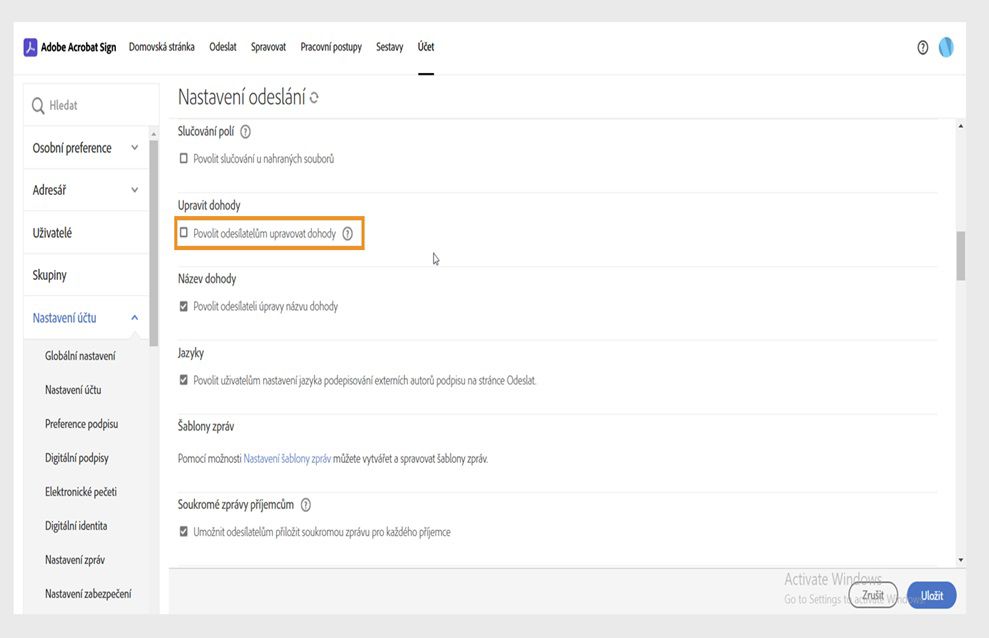 Zobrazí se stránka nastavení odesílání služby Acrobat Sign se zvýrazněnou možností Povolit odesílatelům upravovat dohody.