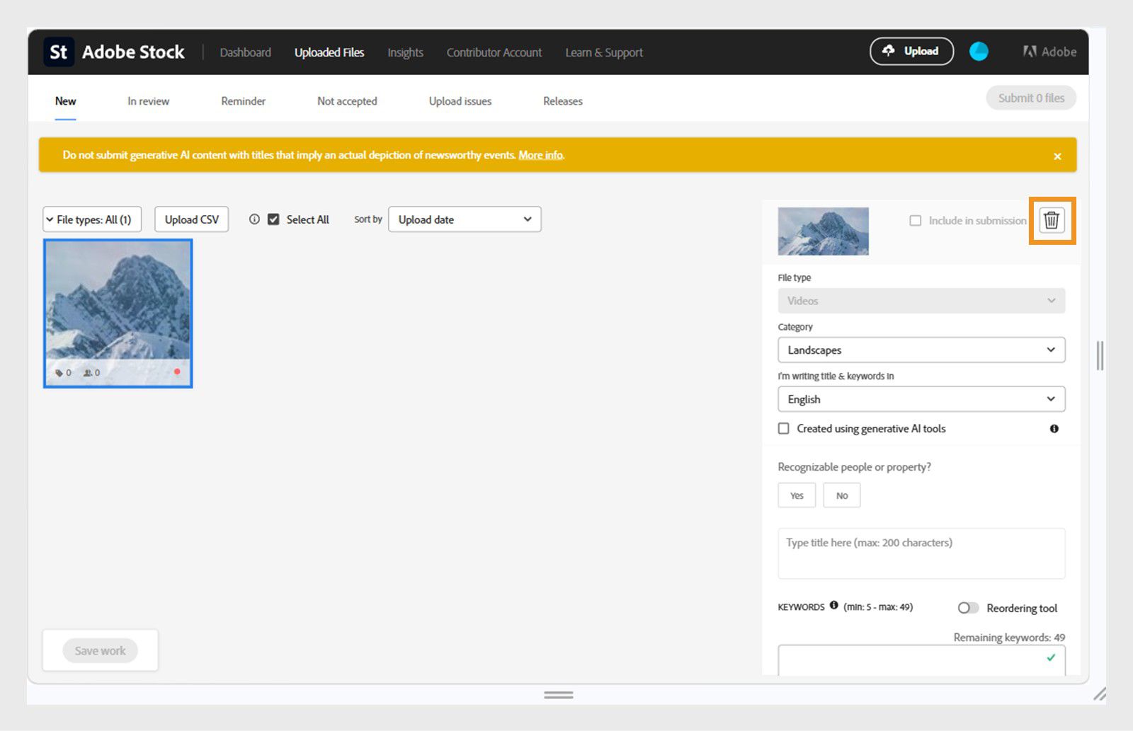 显示已上传文件页面的 Adobe Stock 投稿人门户，右上角面板中高亮显示删除文件图标。