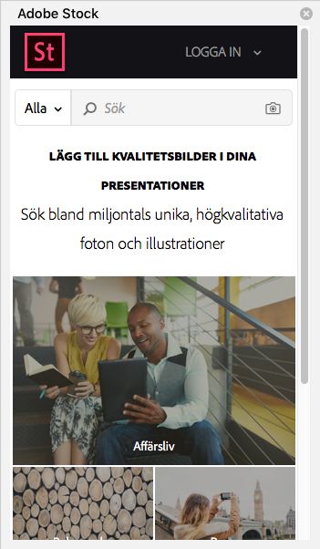 Panel för Adobe Stock-tillägg
