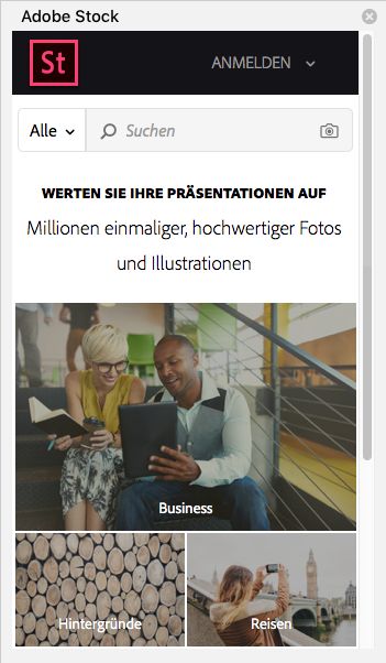 Bedienfeld für das Adobe Stock-Add-in