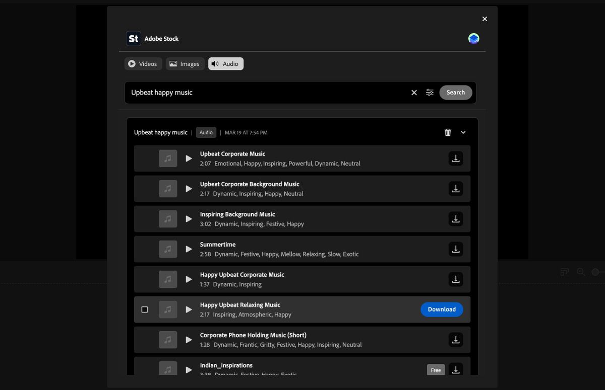 Adobe Stock -paneeli näyttää äänihakutulokset haulle "Upbeat happy music". Tulosten kohdalla näkyy latauskuvake ja -painike.