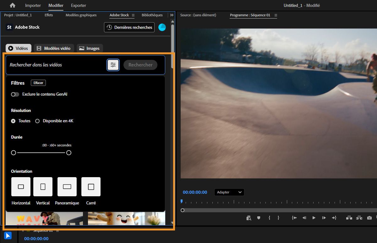 Le panneau Adobe Stock de Premiere affiche les filtres de recherche vidéo pour le contenu d’IA générative, la résolution, la durée et l’orientation.