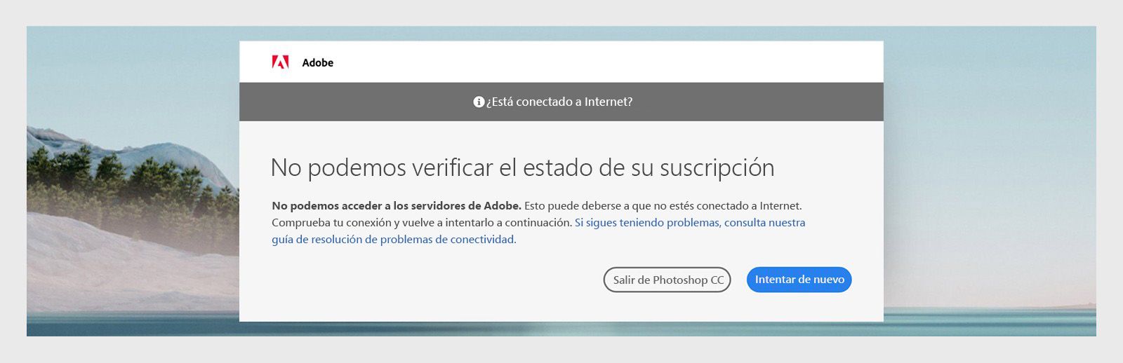 Las aplicaciones de Adobe muestran un cuadro de diálogo que dice 'No podemos verificar el estado de su suscripción', con la opción de salir o de volver a intentarlo.
