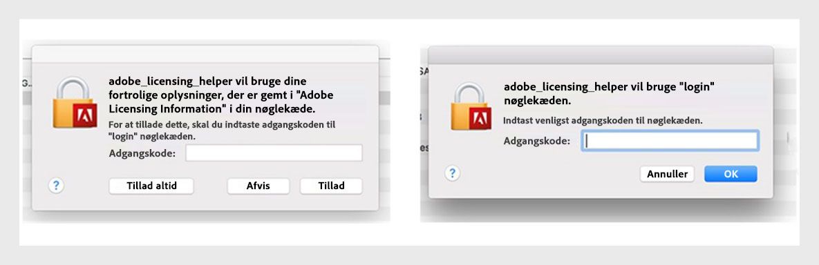 Adobe-apps viser en dialogboks til licenseringshjælp, som beder brugeren om at indtaste deres adgangskode.